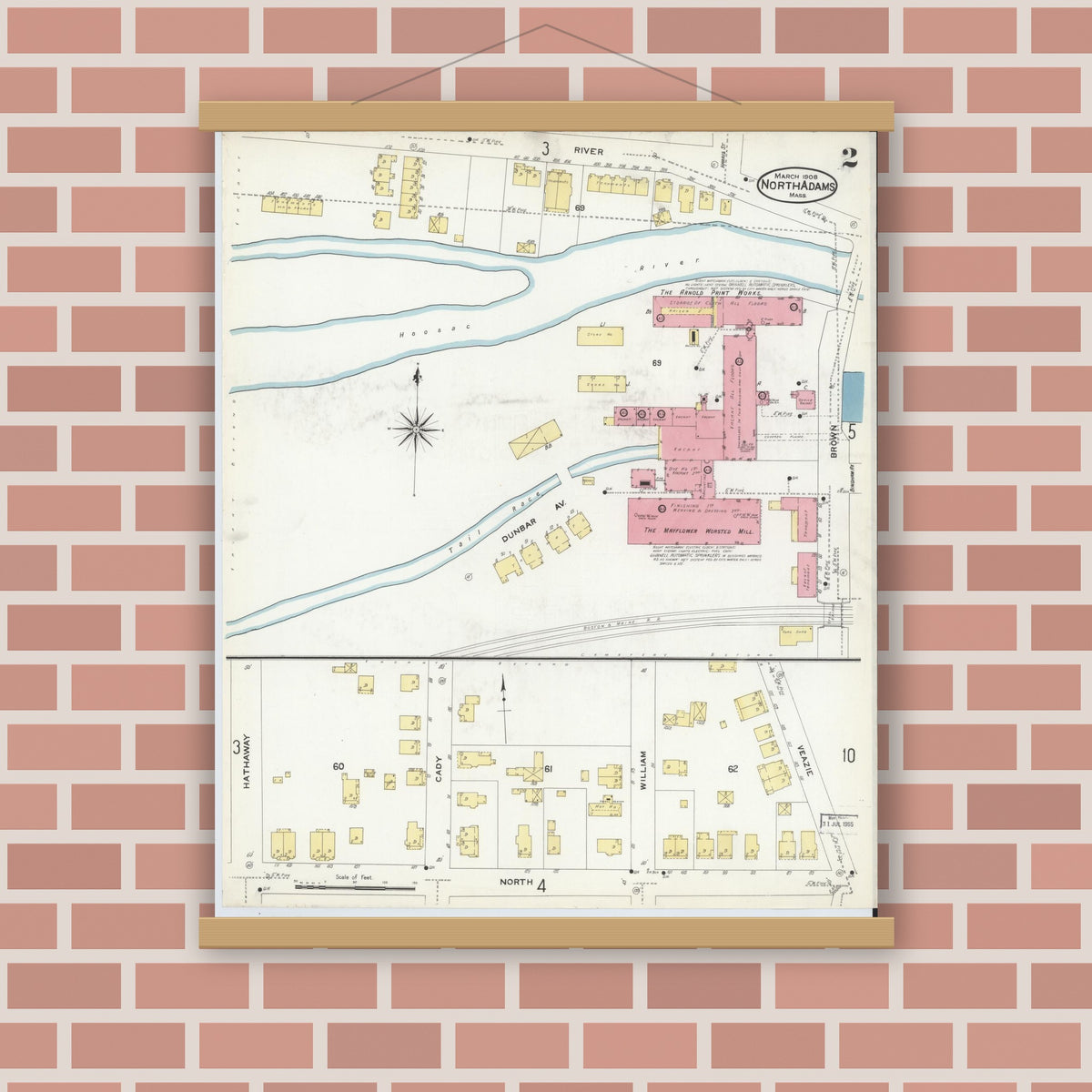 Old map wall art mockup — magnetic wood frame on brick wall — Sanborn Fire Insurance Map from North Adams, Berkshire County, Massachusetts (1908), Sheet #0002