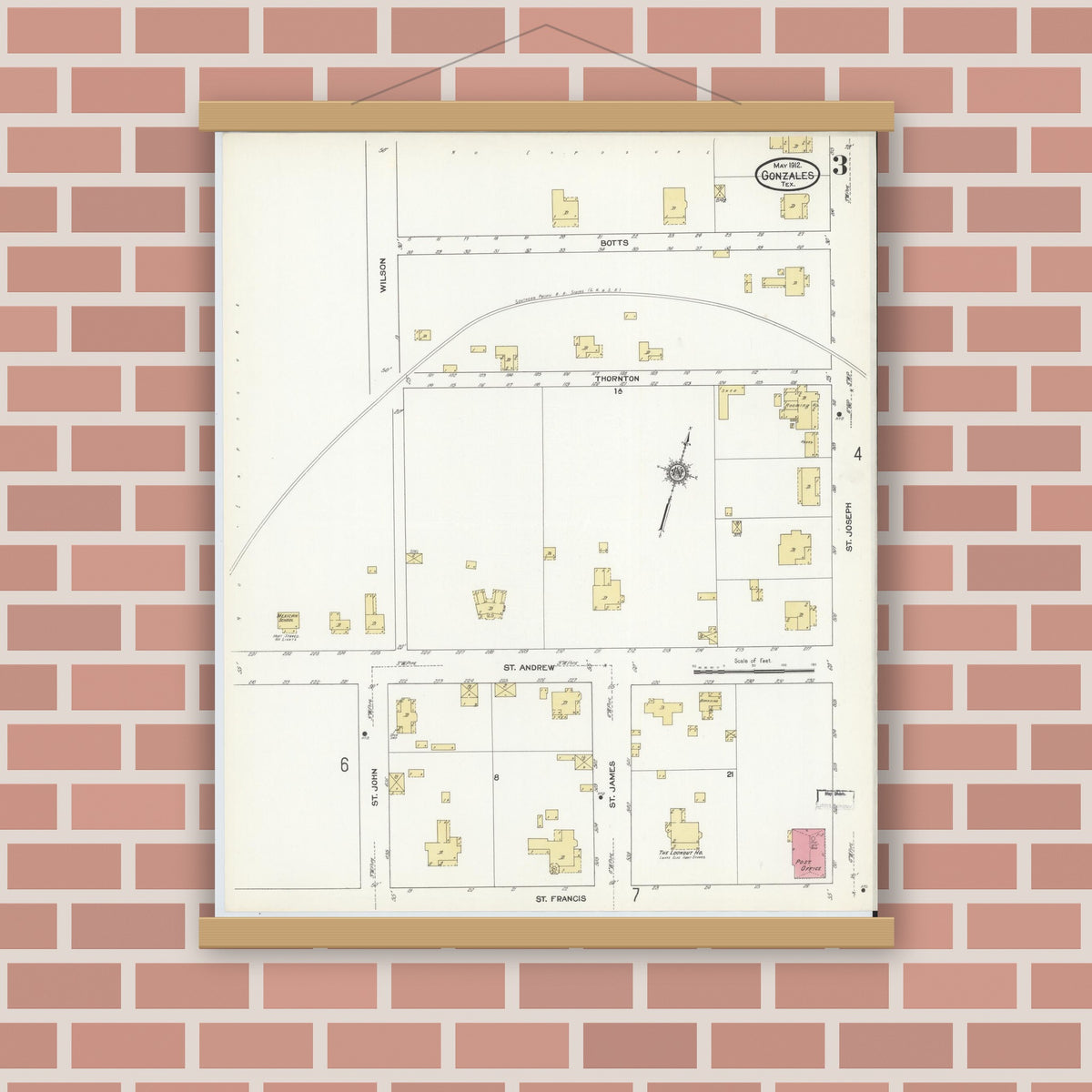 Old map wall art mockup — magnetic wood frame on brick wall — Sanborn Fire Insurance Map from Gonzales, Gonzales County, Texas (1912), Sheet #0003