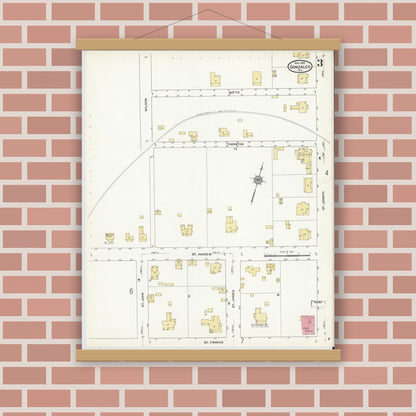 Old map wall art mockup — magnetic wood frame on brick wall — Sanborn Fire Insurance Map from Gonzales, Gonzales County, Texas (1912), Sheet #0003