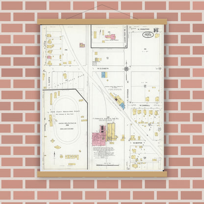 Old map wall art mockup — magnetic wood frame on brick wall — Sanborn Fire Insurance Map from Paris, Edgar County, Illinois (1916), Sheet #0016