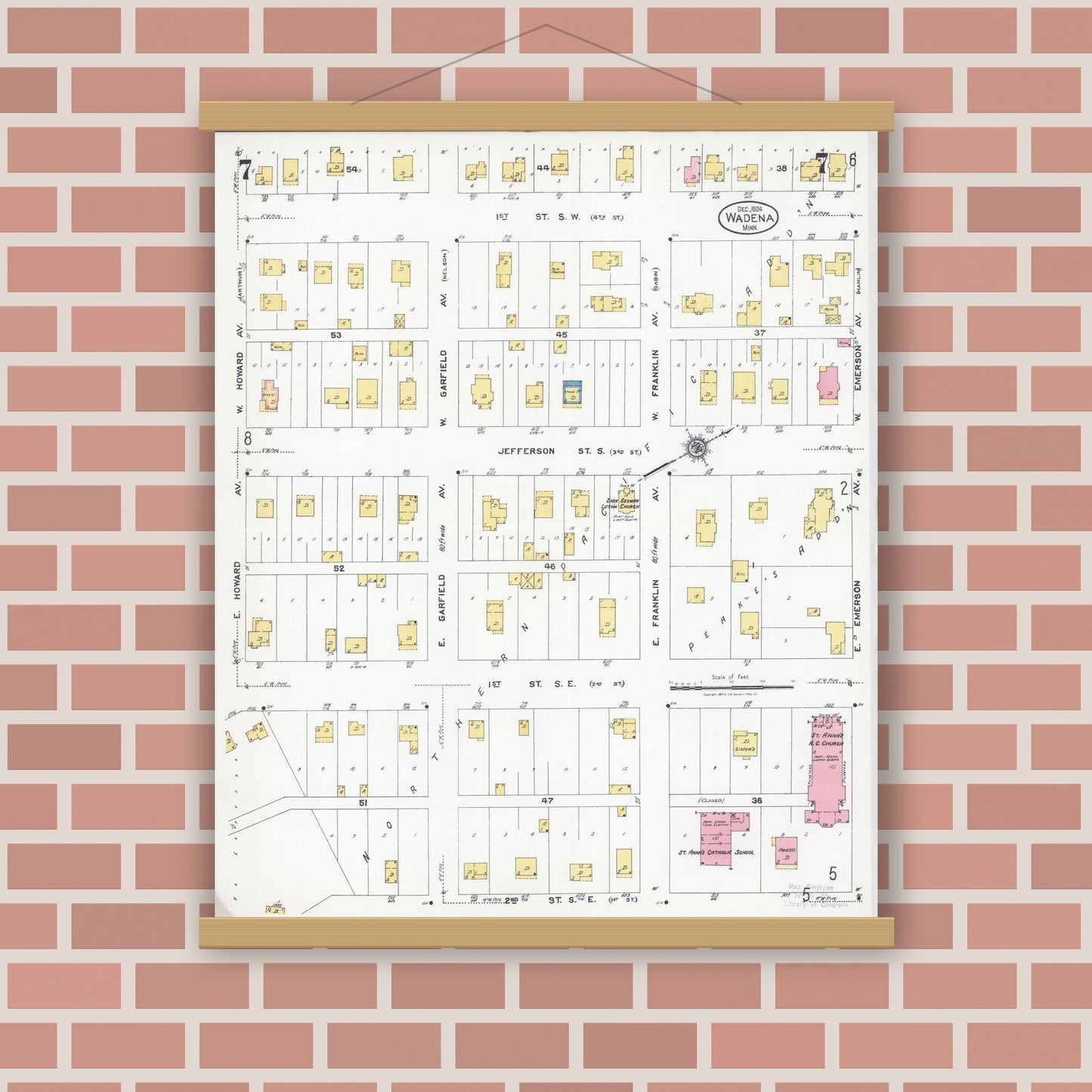 Old map wall art mockup — magnetic wood frame on brick wall — Sanborn Fire Insurance Map from Wadena, Wadena County, Minnesota (1924), Sheet #0007