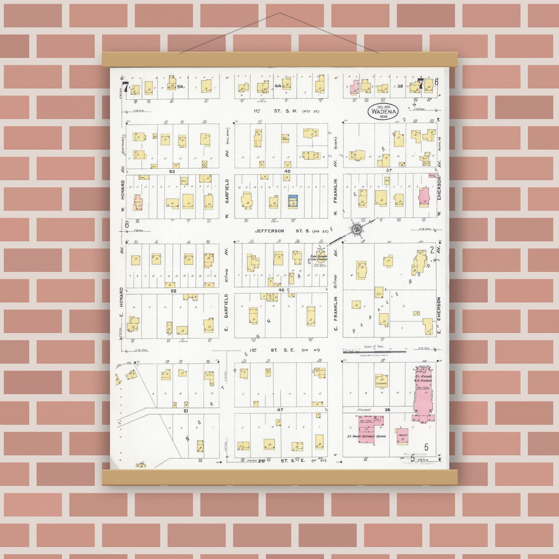 Old map wall art mockup — magnetic wood frame on brick wall — Sanborn Fire Insurance Map from Wadena, Wadena County, Minnesota (1924), Sheet #0007