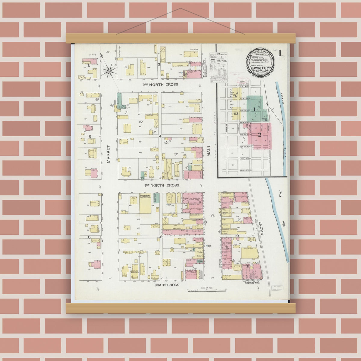 Old map wall art mockup — magnetic wood frame on brick wall — Sanborn Fire Insurance Map from Shawneetown, Gallatin County, Illinois (1893), Sheet #0001
