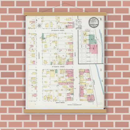 Old map wall art mockup — magnetic wood frame on brick wall — Sanborn Fire Insurance Map from Shawneetown, Gallatin County, Illinois (1893), Sheet #0001
