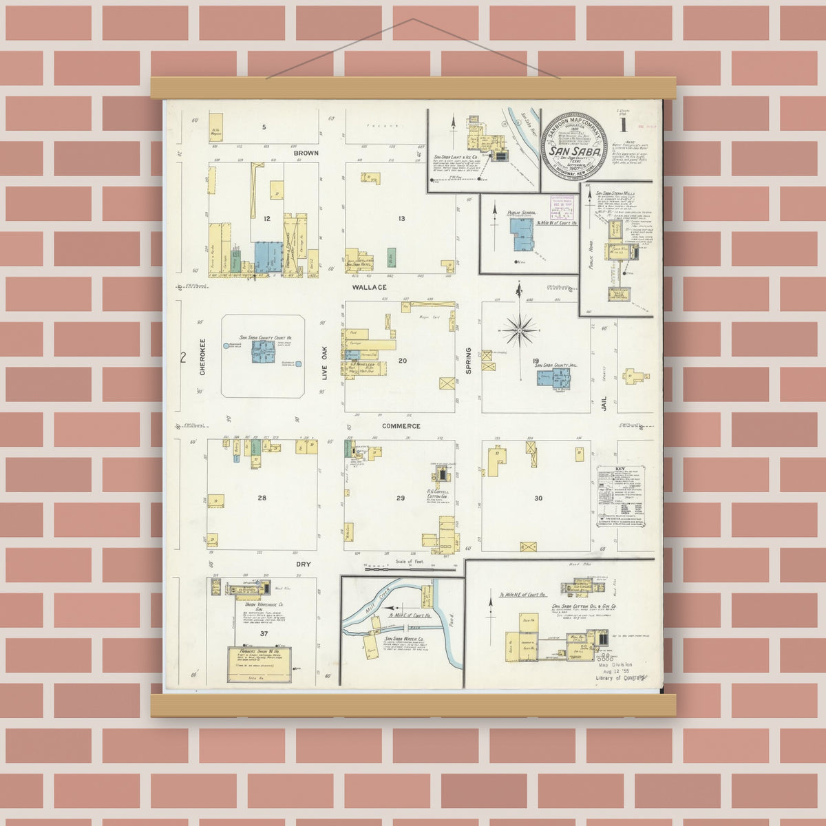 Old map wall art mockup — magnetic wood frame on brick wall — Sanborn Fire Insurance Map from San Saba, San Saba County, Texas (1907), Sheet #0001