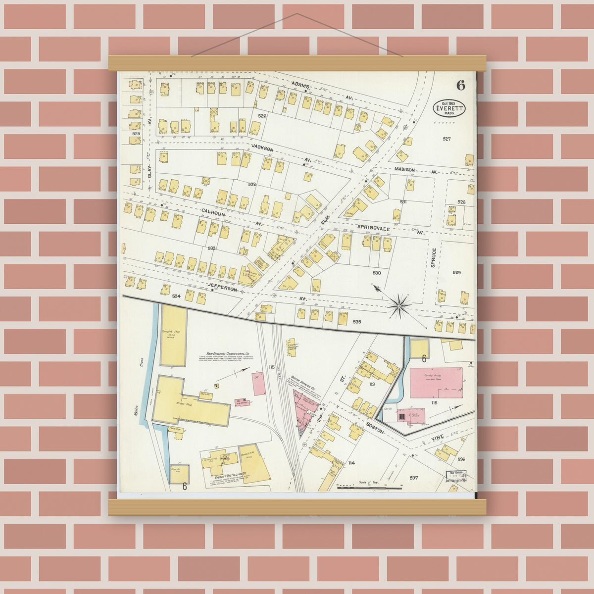 Old map wall art mockup — magnetic wood frame on brick wall — Sanborn Fire Insurance Map from Everett, Middlesex County, Massachusetts (1903), Sheet #0006