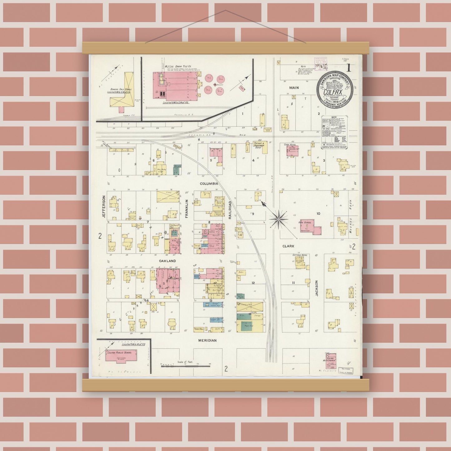 Old map wall art mockup — magnetic wood frame on brick wall — Sanborn Fire Insurance Map from Colfax, Clinton County, Indiana (1909) - Complete Map Set