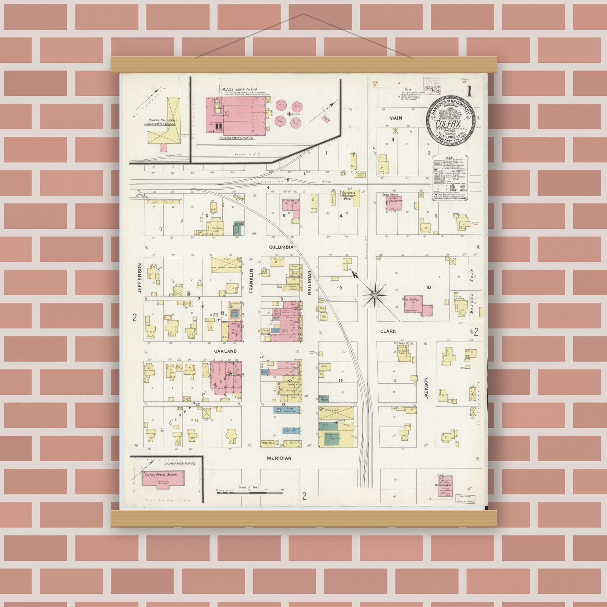 Old map wall art mockup — magnetic wood frame on brick wall — Sanborn Fire Insurance Map from Colfax, Clinton County, Indiana (1909) - Complete Map Set