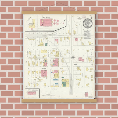 Old map wall art mockup — magnetic wood frame on brick wall — Sanborn Fire Insurance Map from Colfax, Clinton County, Indiana (1909) - Complete Map Set