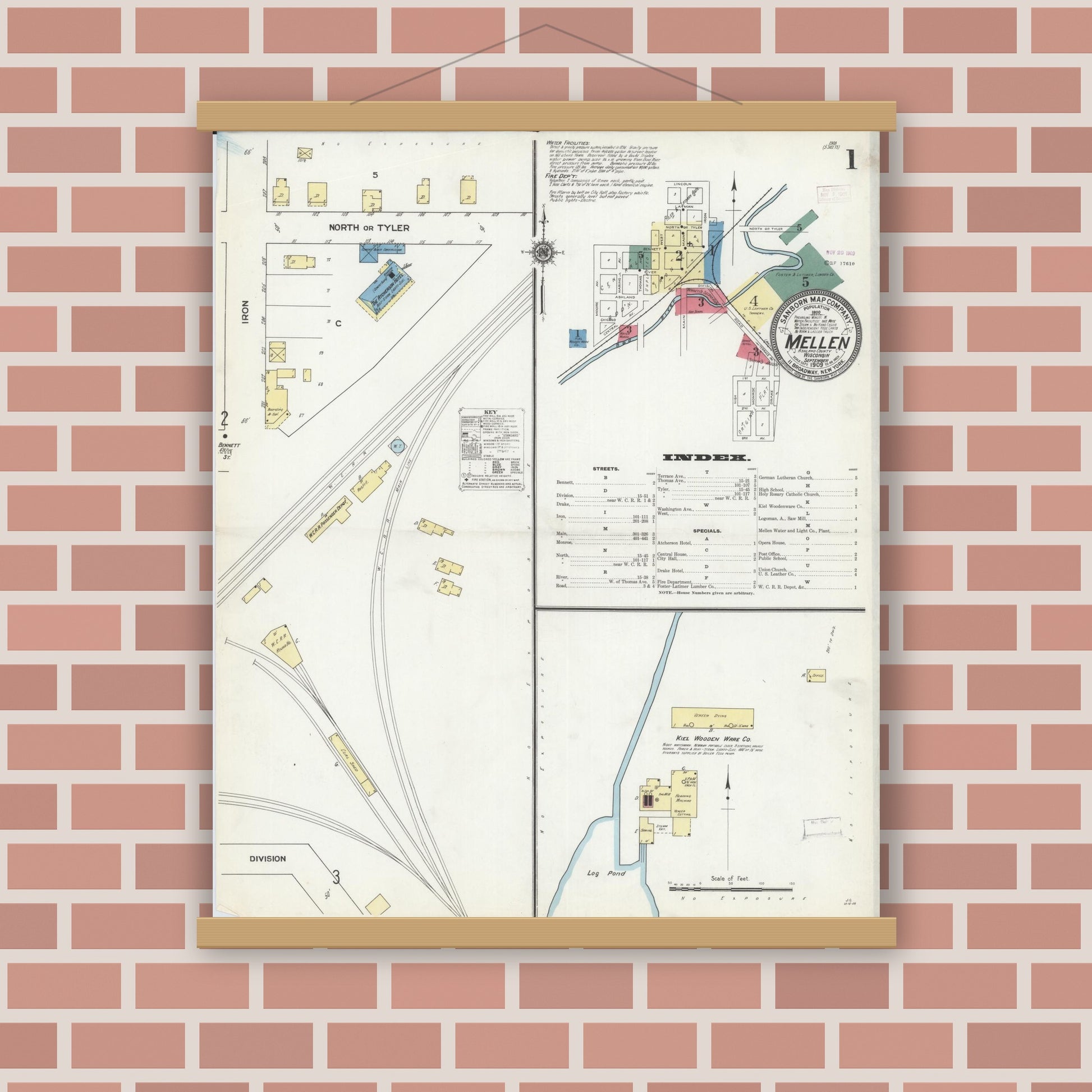 Old map wall art mockup — magnetic wood frame on brick wall — Sanborn Fire Insurance Map from Mellen, Ashland County, Wisconsin (1909) - Complete Map Set