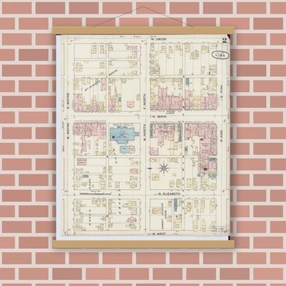 Old map wall art mockup — magnetic wood frame on brick wall — Sanborn Fire Insurance Map from Lima, Allen County, Ohio (1887), Sheet #0002