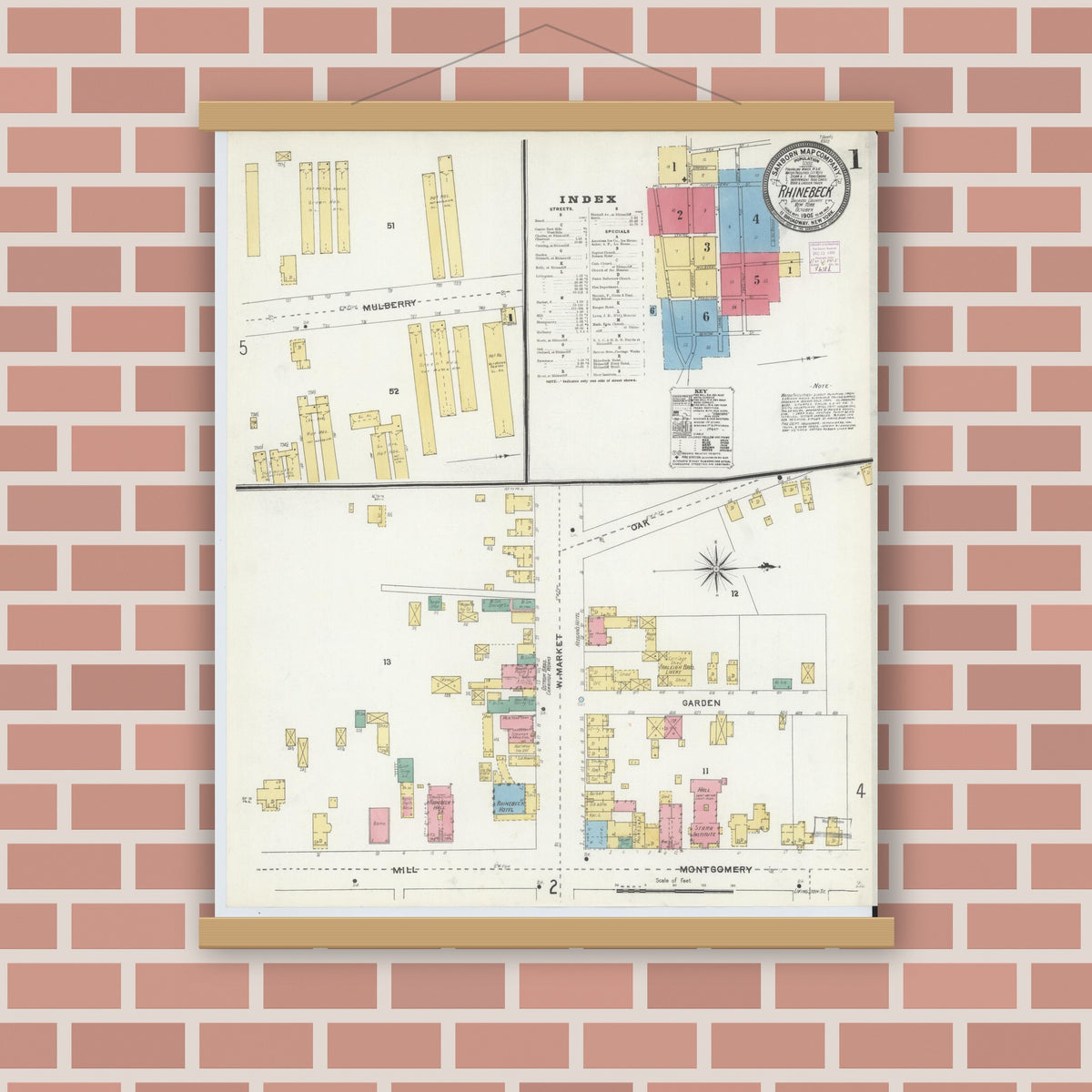 Old map wall art mockup — magnetic wood frame on brick wall — Sanborn Fire Insurance Map from Rhinebeck, Dutchess County, New York (1905) - Complete Map Set