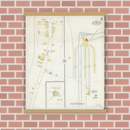 Old map wall art mockup — magnetic wood frame on brick wall — Sanborn Fire Insurance Map from Glen Campbell, Indiana County, Pennsylvania (1898), Sheet #0002