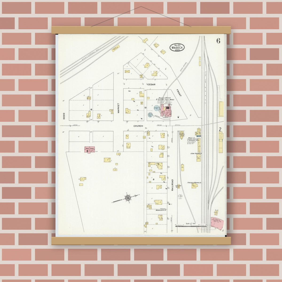 Old map wall art mockup — magnetic wood frame on brick wall — Sanborn Fire Insurance Map from Waseca, Waseca County, Minnesota (1910), Sheet #0006