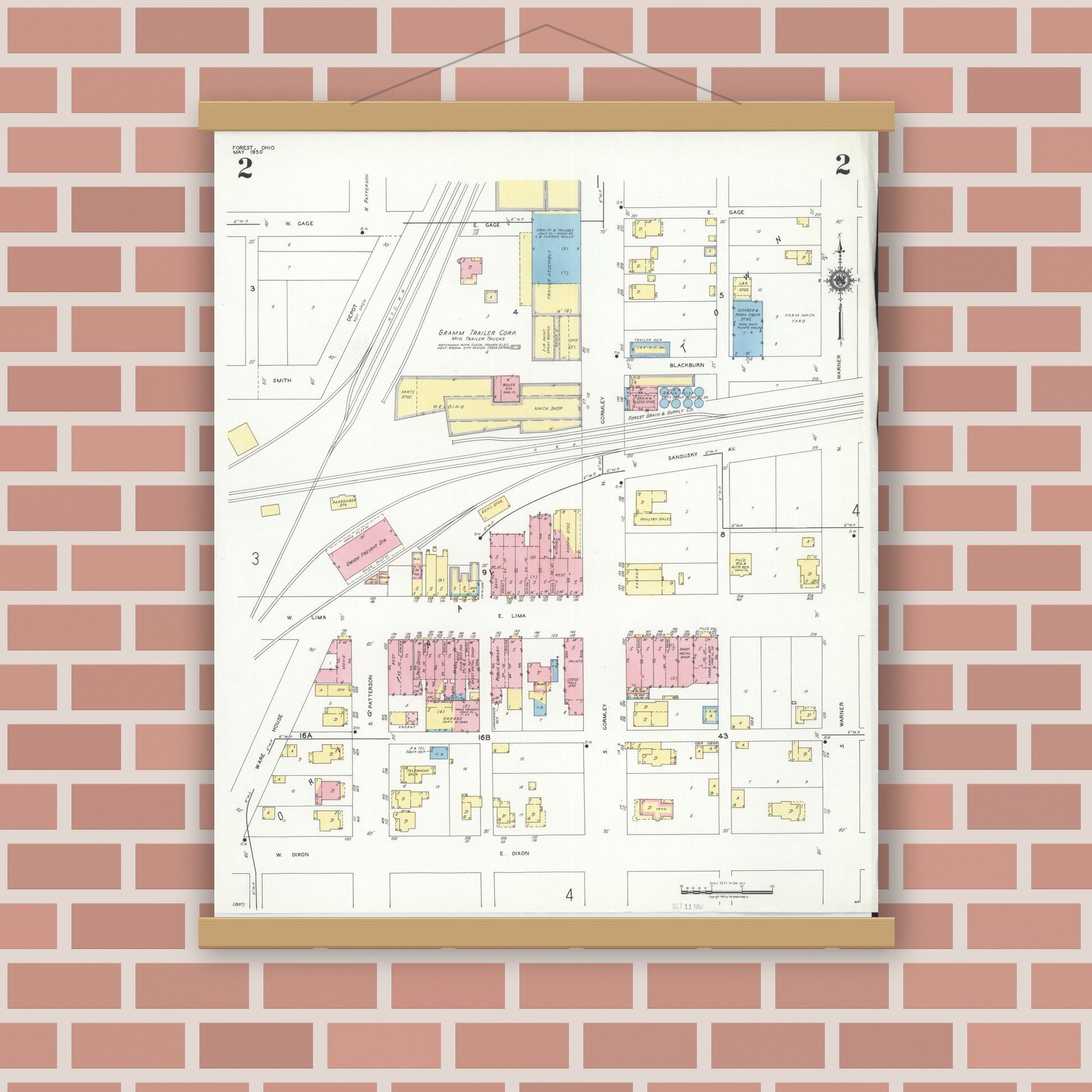 Old map wall art mockup — magnetic wood frame on brick wall — Sanborn Fire Insurance Map from Forest, Hardin County, Ohio (1950), Sheet #0002