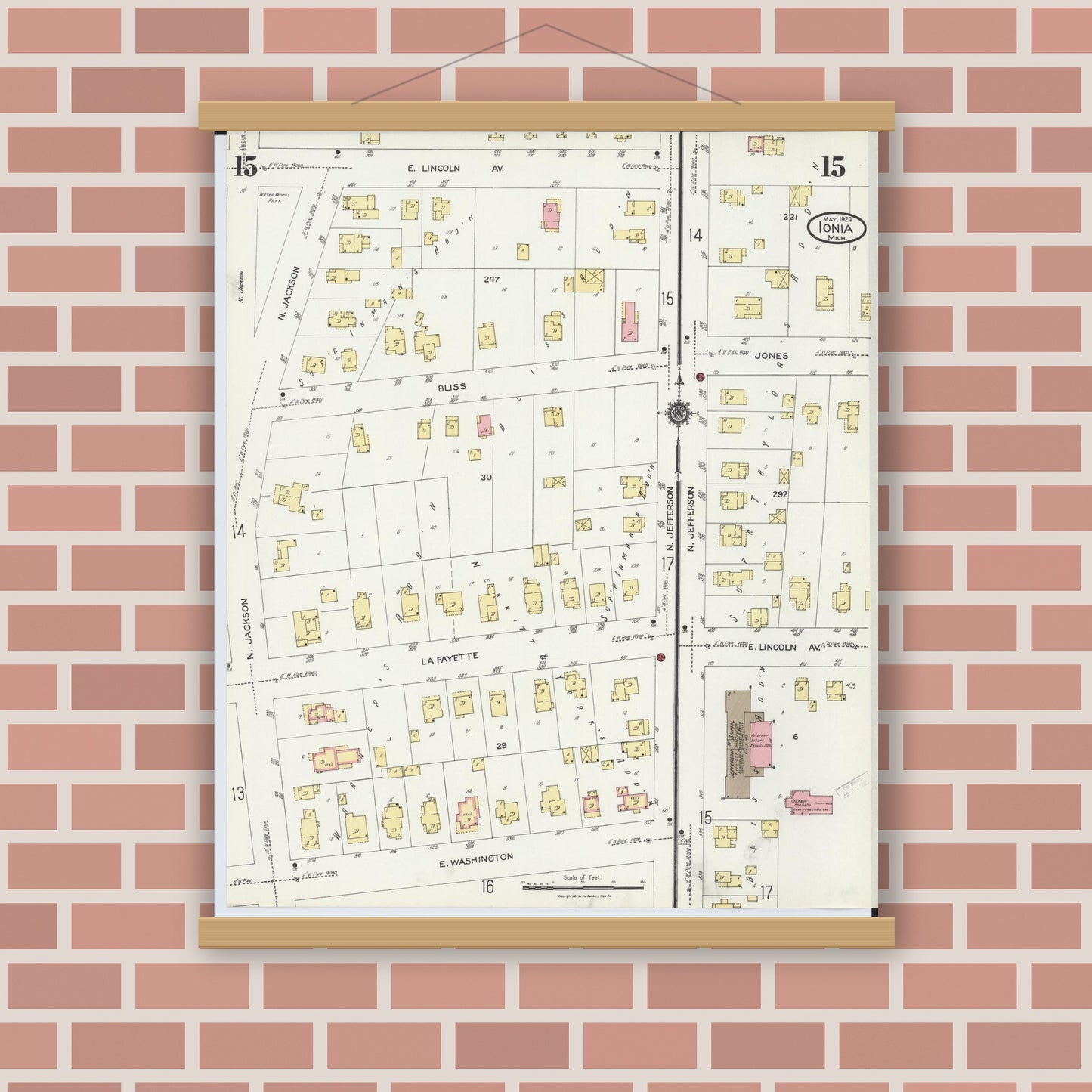 Old map wall art mockup — magnetic wood frame on brick wall — Sanborn Fire Insurance Map from Ionia, Ionia County, Michigan (1924), Sheet #0015