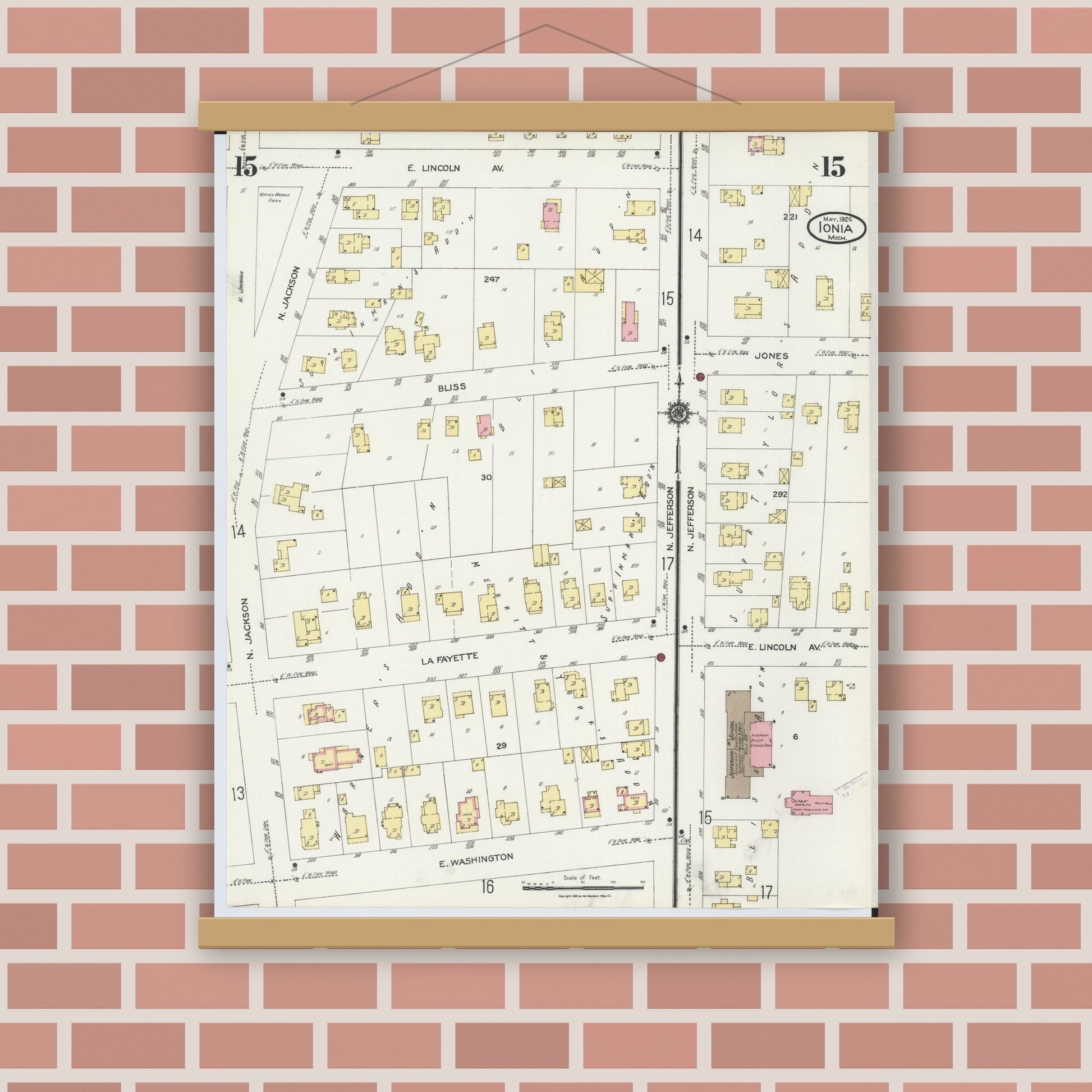 Old map wall art mockup — magnetic wood frame on brick wall — Sanborn Fire Insurance Map from Ionia, Ionia County, Michigan (1924), Sheet #0015