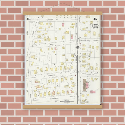 Old map wall art mockup — magnetic wood frame on brick wall — Sanborn Fire Insurance Map from Ionia, Ionia County, Michigan (1924), Sheet #0015
