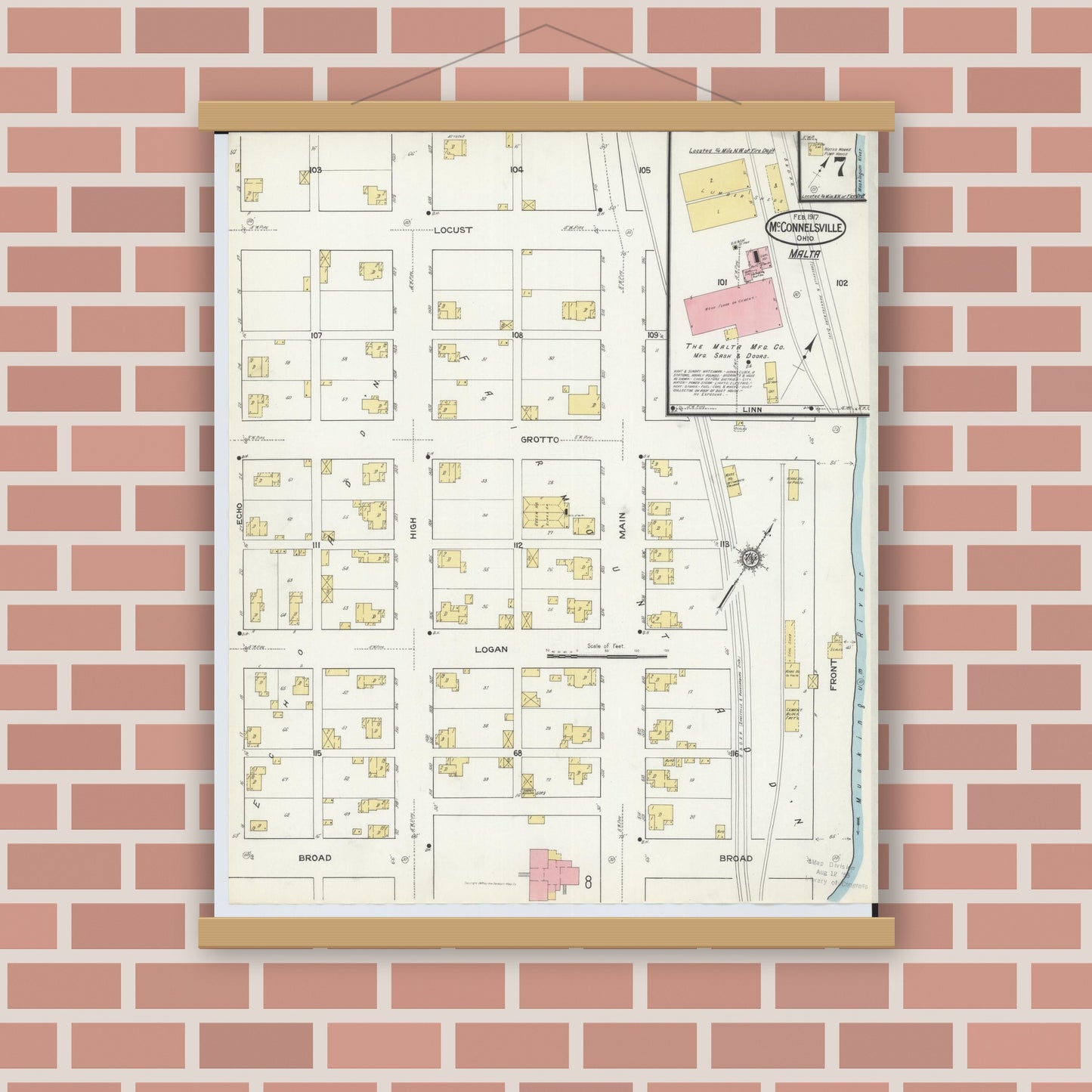 Old map wall art mockup — magnetic wood frame on brick wall — Sanborn Fire Insurance Map from McConnelsville, Morgan County, Ohio (1917), Sheet #0007