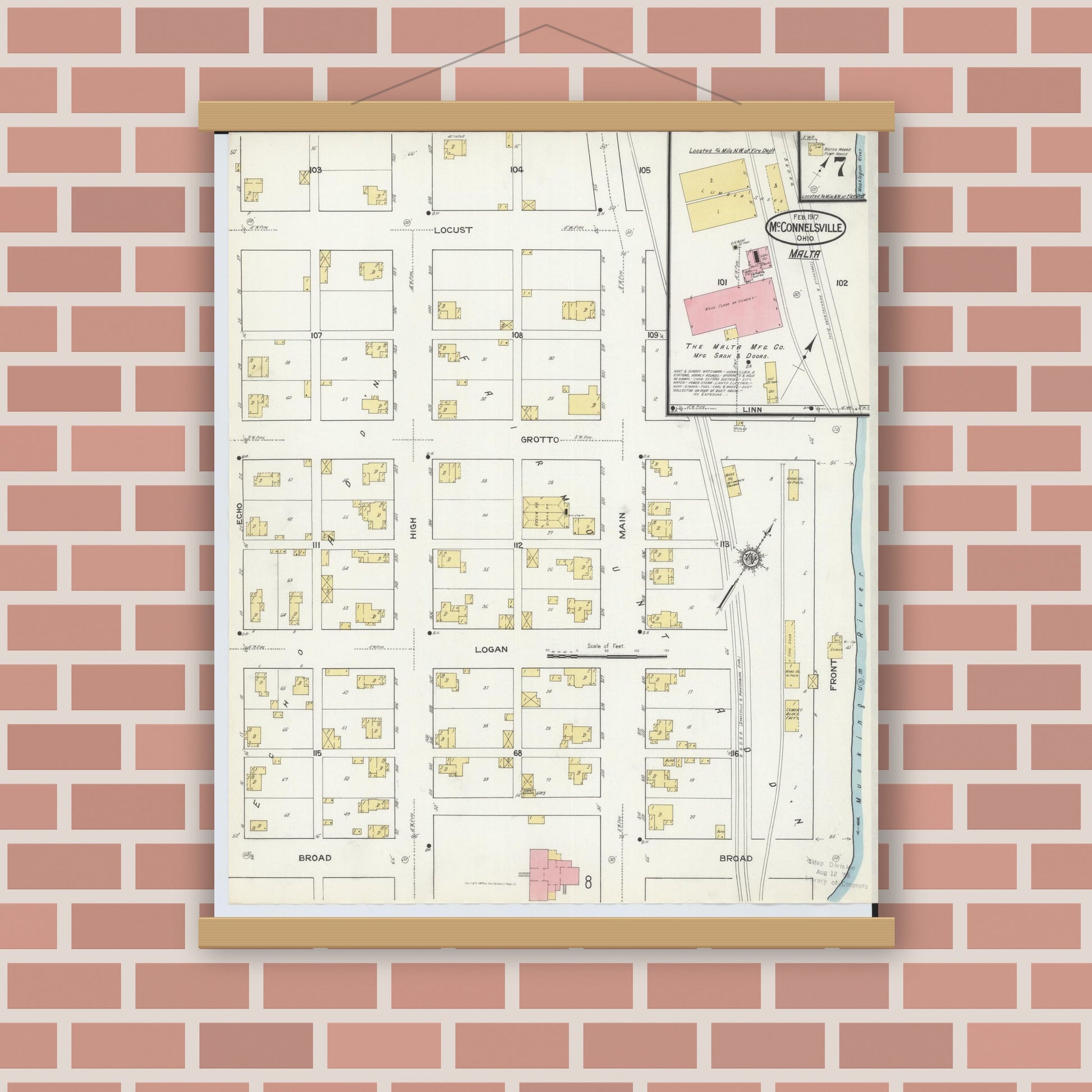 Old map wall art mockup — magnetic wood frame on brick wall — Sanborn Fire Insurance Map from McConnelsville, Morgan County, Ohio (1917), Sheet #0007