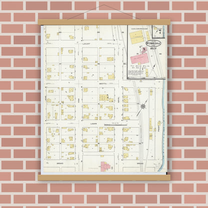 Old map wall art mockup — magnetic wood frame on brick wall — Sanborn Fire Insurance Map from McConnelsville, Morgan County, Ohio (1917), Sheet #0007
