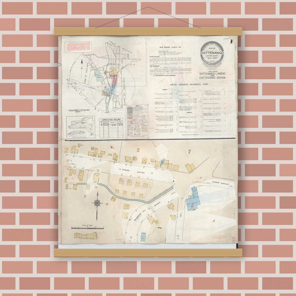 Old map wall art mockup — magnetic wood frame on brick wall — Sanborn Fire Insurance Map from Chittenango, Madison County, New York (1951) - Complete Map Set