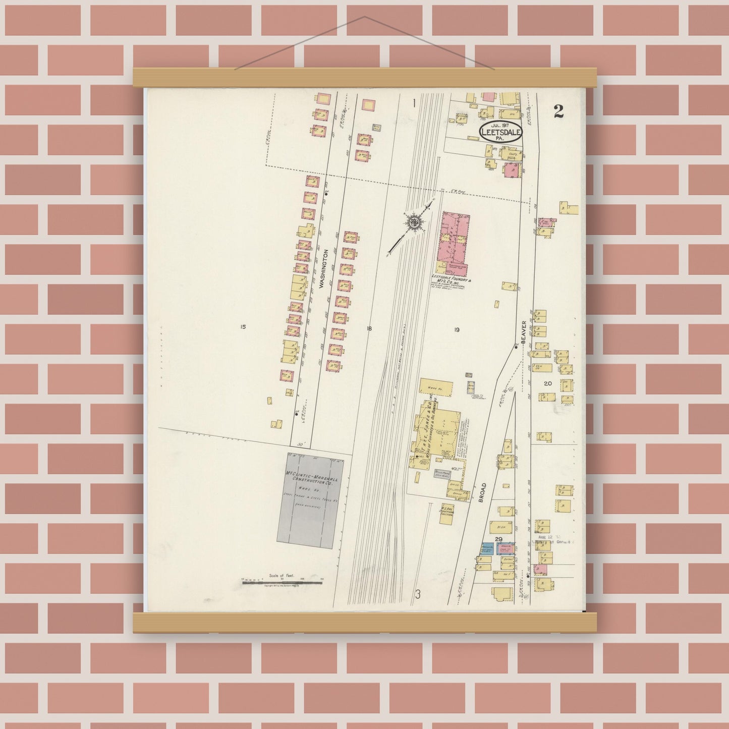 Old map wall art mockup — magnetic wood frame on brick wall — Sanborn Fire Insurance Map from Leetsdale, Allegheny County, Pennsylvania (1917), Sheet #0002