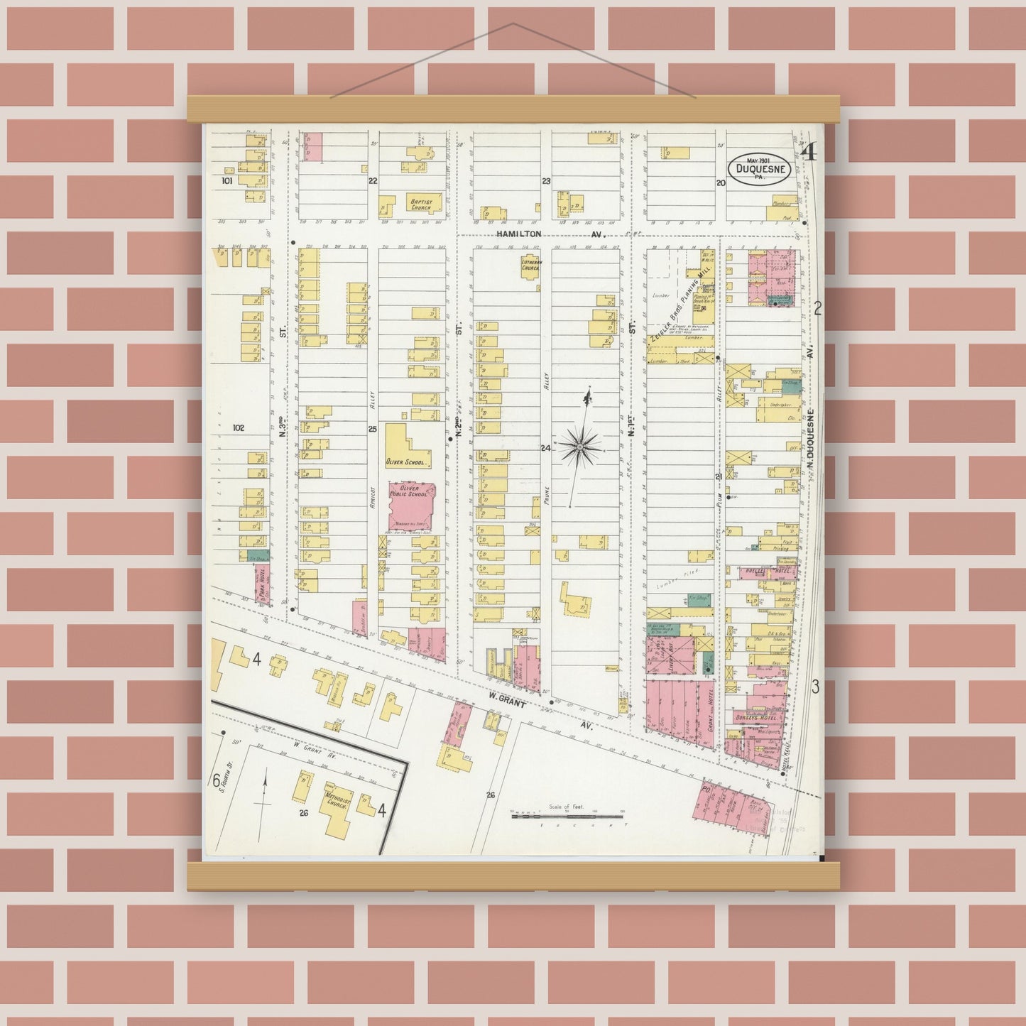 Old map wall art mockup — magnetic wood frame on brick wall — Sanborn Fire Insurance Map from Duquesne, Allegheny County, Pennsylvania (1901), Sheet #0004