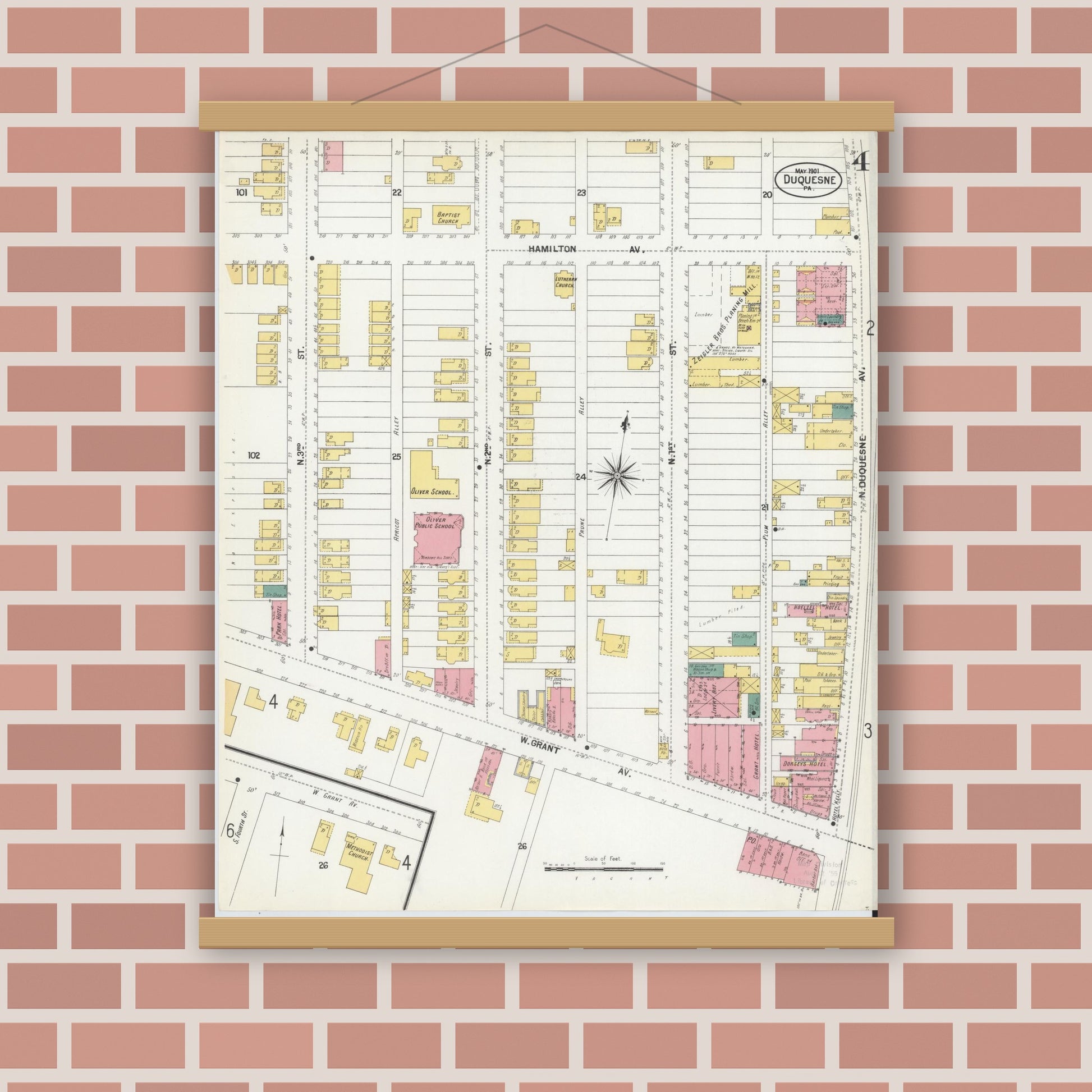 Old map wall art mockup — magnetic wood frame on brick wall — Sanborn Fire Insurance Map from Duquesne, Allegheny County, Pennsylvania (1901), Sheet #0004