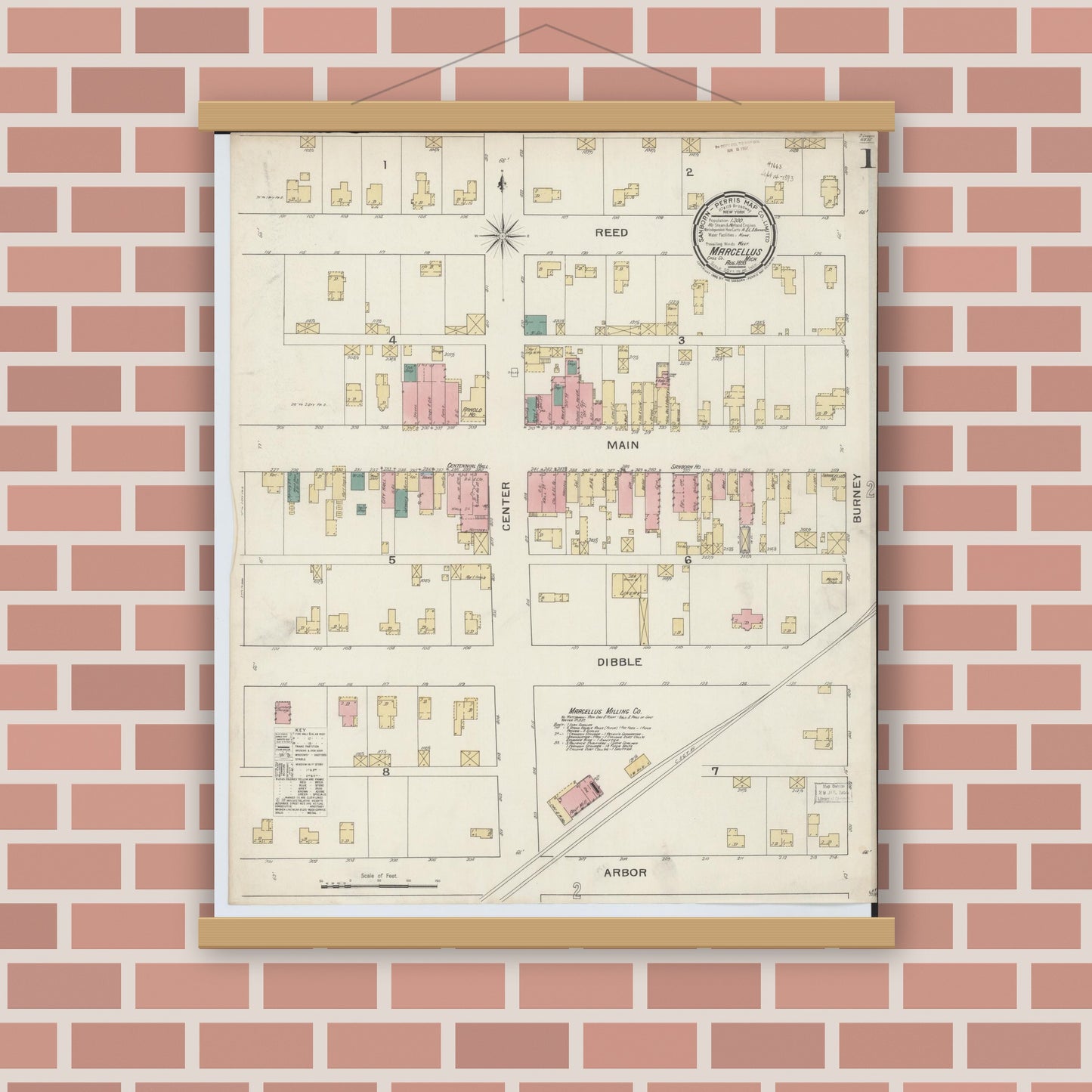 Old map wall art mockup — magnetic wood frame on brick wall — Sanborn Fire Insurance Map from Marcellus, Cass County, Michigan (1893) - Complete Map Set