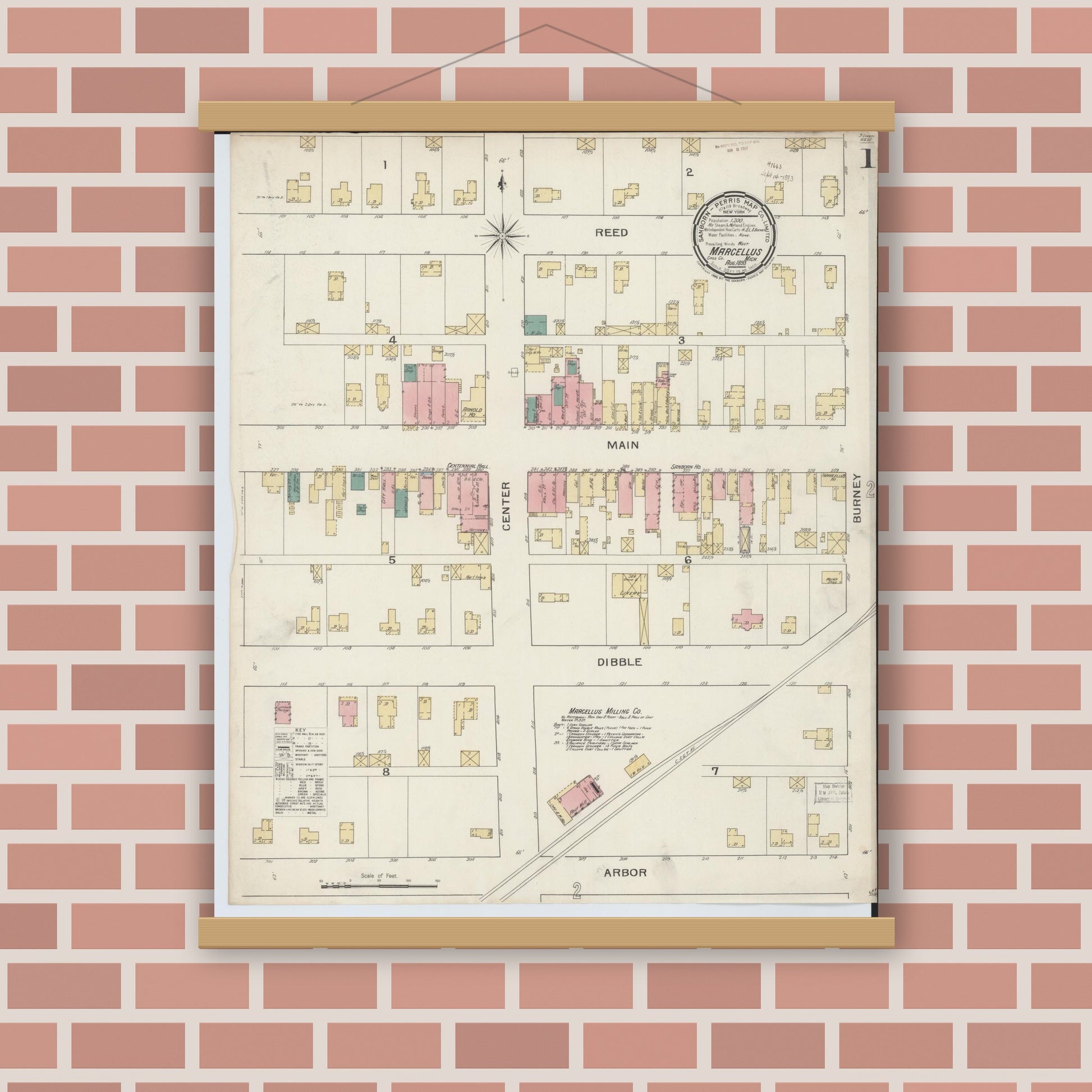 Old map wall art mockup — magnetic wood frame on brick wall — Sanborn Fire Insurance Map from Marcellus, Cass County, Michigan (1893) - Complete Map Set