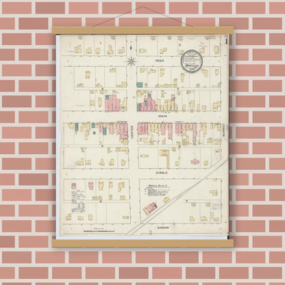Old map wall art mockup — magnetic wood frame on brick wall — Sanborn Fire Insurance Map from Marcellus, Cass County, Michigan (1893) - Complete Map Set