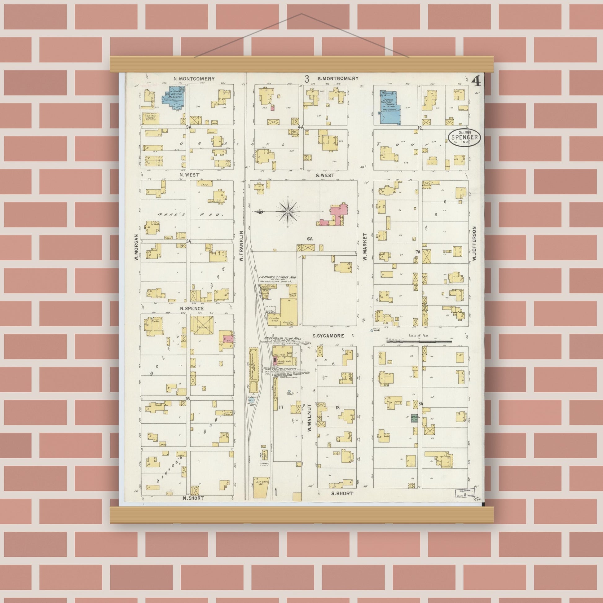 Old map wall art mockup — magnetic wood frame on brick wall — Sanborn Fire Insurance Map from Spencer, Owen County, Indiana (1898), Sheet #0004