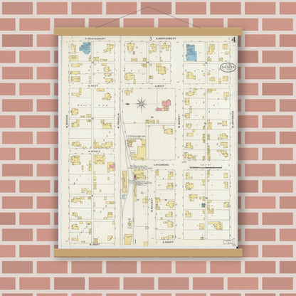 Old map wall art mockup — magnetic wood frame on brick wall — Sanborn Fire Insurance Map from Spencer, Owen County, Indiana (1898), Sheet #0004