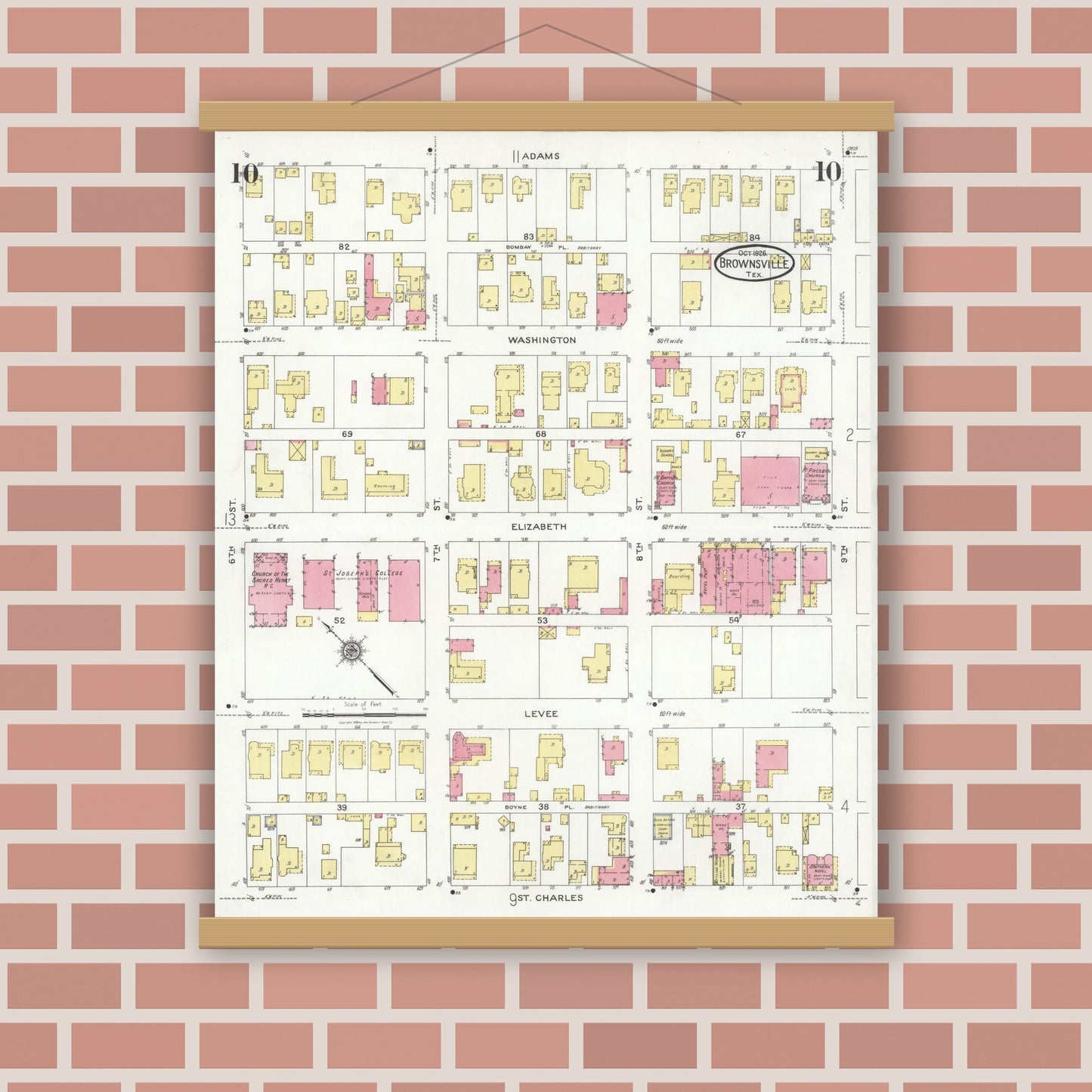 Old map wall art mockup — magnetic wood frame on brick wall — Sanborn Fire Insurance Map from Brownsville, Cameron County, Texas (1926), Sheet #0010
