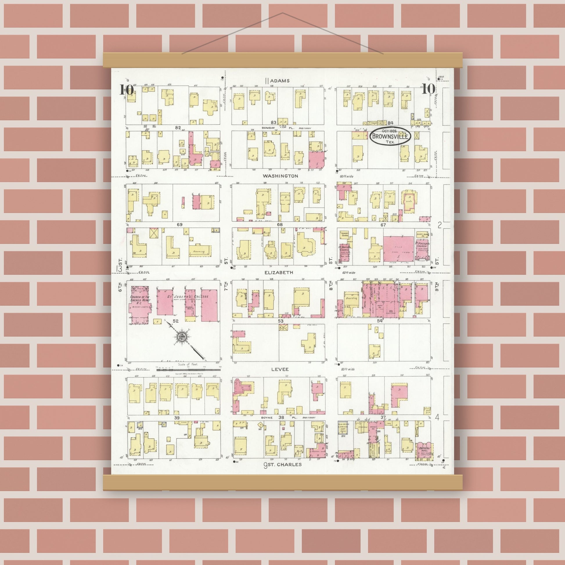 Old map wall art mockup — magnetic wood frame on brick wall — Sanborn Fire Insurance Map from Brownsville, Cameron County, Texas (1926), Sheet #0010