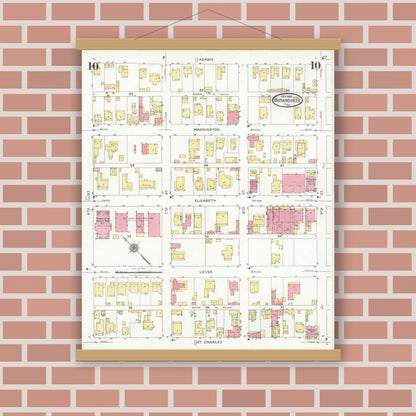 Old map wall art mockup — magnetic wood frame on brick wall — Sanborn Fire Insurance Map from Brownsville, Cameron County, Texas (1926), Sheet #0010