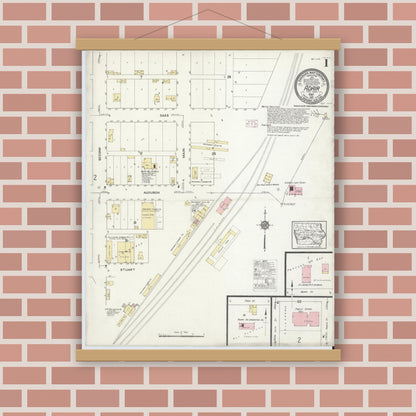 Old map wall art mockup — magnetic wood frame on brick wall — Sanborn Fire Insurance Map from Adair, Adair and Guthrie Counties, Iowa (1915) â€” Complete Set