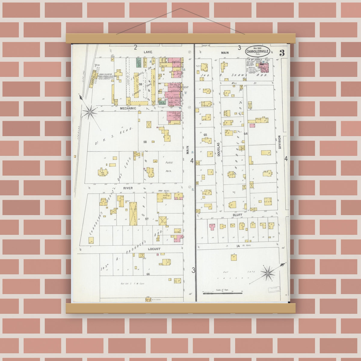 Old map wall art mockup — magnetic wood frame on brick wall — Sanborn Fire Insurance Map from Chandlerville, Cass County, Illinois (1900), Sheet #0003