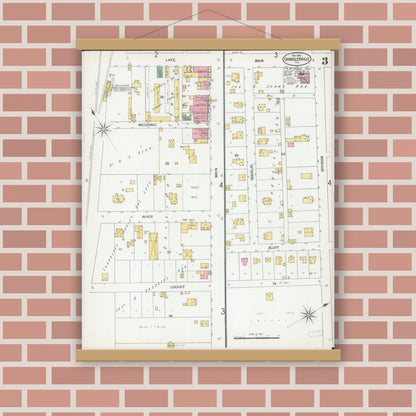 Old map wall art mockup — magnetic wood frame on brick wall — Sanborn Fire Insurance Map from Chandlerville, Cass County, Illinois (1900), Sheet #0003