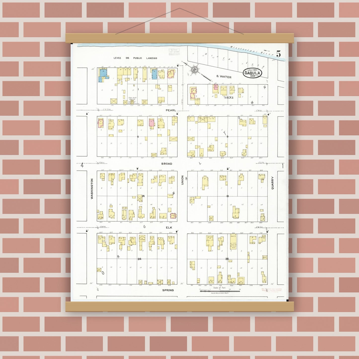 Old map wall art mockup — magnetic wood frame on brick wall — Sanborn Fire Insurance Map from Sabula, Jackson County, Iowa (1918), Sheet #0005