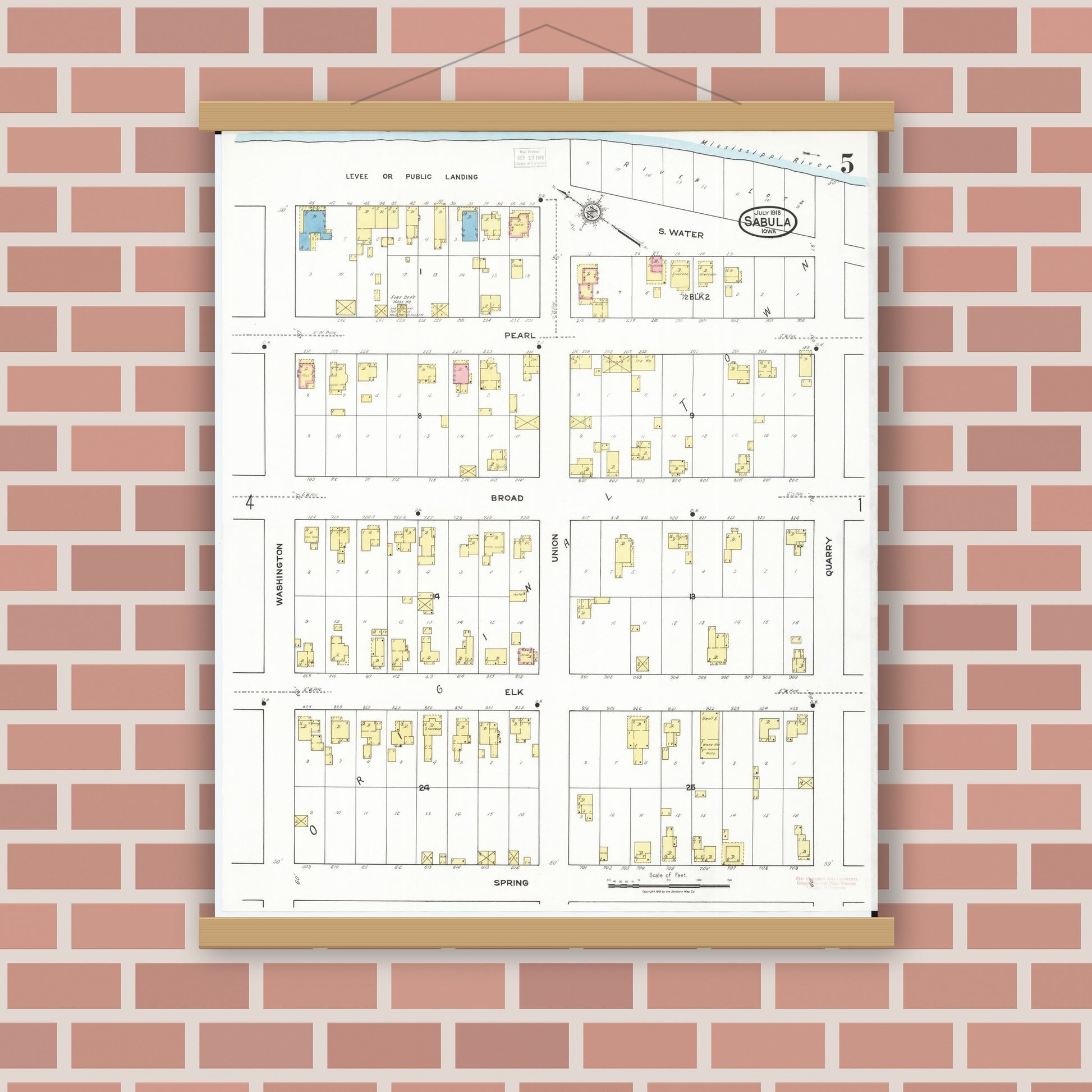 Old map wall art mockup — magnetic wood frame on brick wall — Sanborn Fire Insurance Map from Sabula, Jackson County, Iowa (1918), Sheet #0005