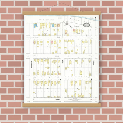 Old map wall art mockup — magnetic wood frame on brick wall — Sanborn Fire Insurance Map from Sabula, Jackson County, Iowa (1918), Sheet #0005
