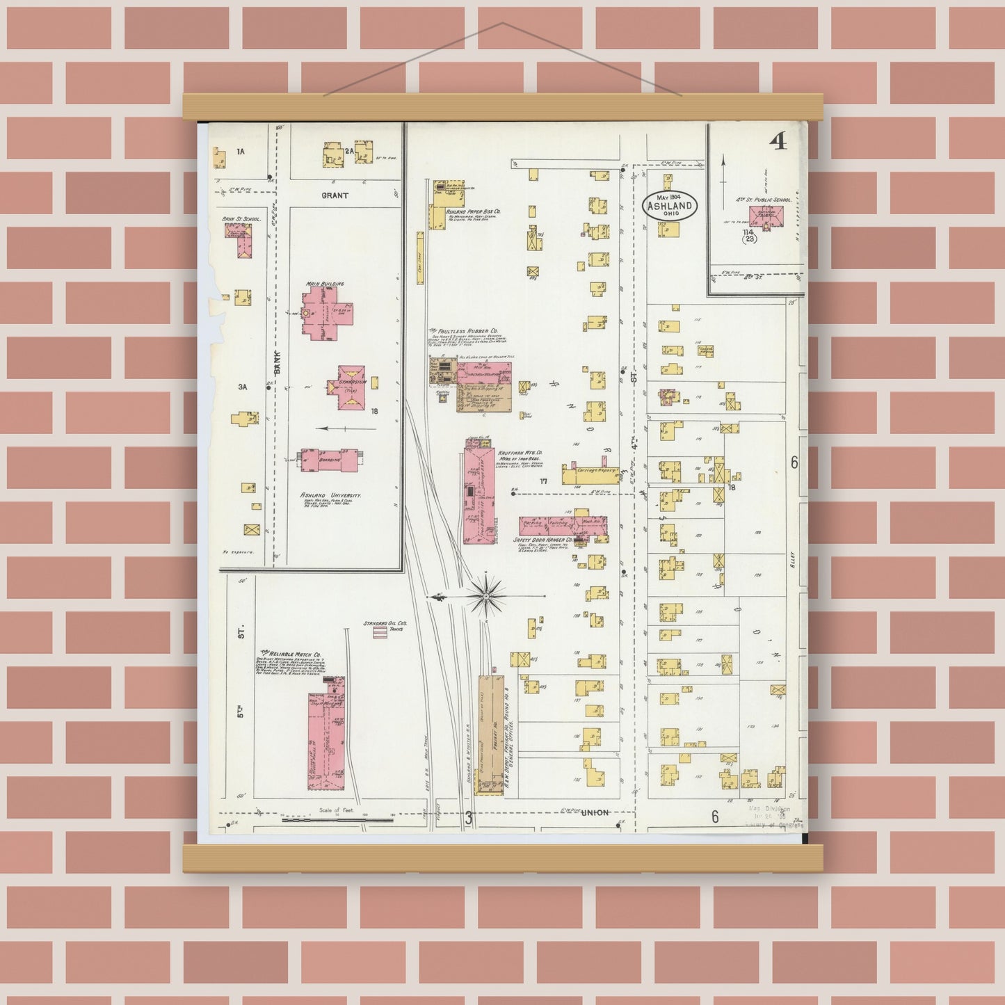 Old map wall art mockup — magnetic wood frame on brick wall — Sanborn Fire Insurance Map from Ashland, Ashland County, Ohio (1904), Sheet #0004