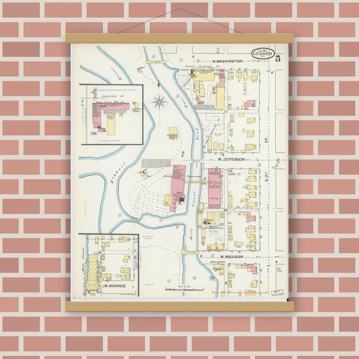 Old map wall art mockup — magnetic wood frame on brick wall — Sanborn Fire Insurance Map from Goshen, Elkhart County, Indiana (1892), Sheet #0005
