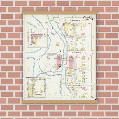 Old map wall art mockup — magnetic wood frame on brick wall — Sanborn Fire Insurance Map from Goshen, Elkhart County, Indiana (1892), Sheet #0005