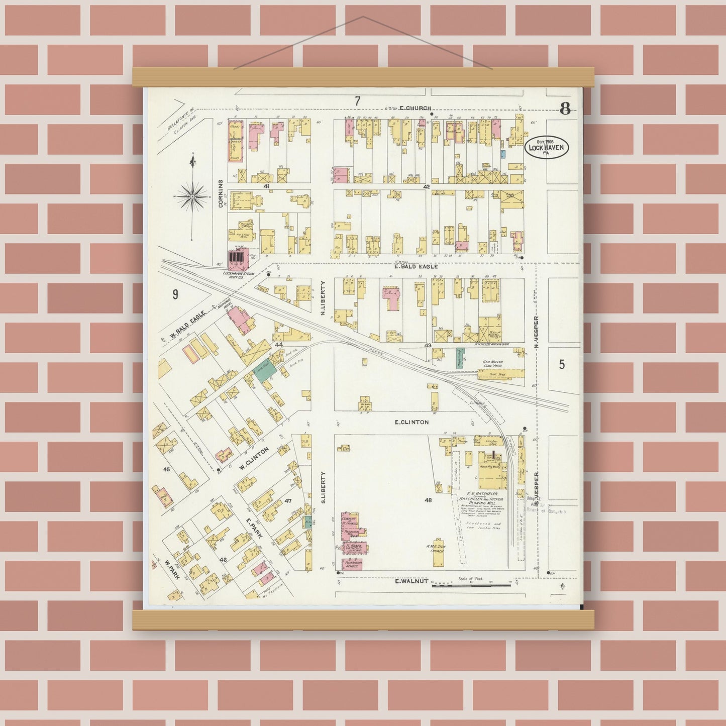 Old map wall art mockup — magnetic wood frame on brick wall — Sanborn Fire Insurance Map from Lock Haven, Clinton County, Pennsylvania (1906), Sheet #0008
