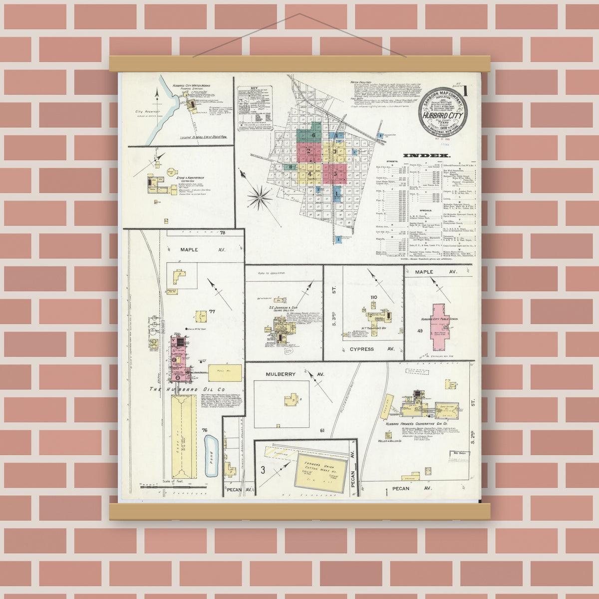 Old map wall art mockup — magnetic wood frame on brick wall — Sanborn Fire Insurance Map from Hubbard, Hill County, Texas (1909) - Complete Map Set