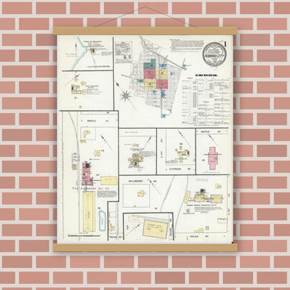 Old map wall art mockup — magnetic wood frame on brick wall — Sanborn Fire Insurance Map from Hubbard, Hill County, Texas (1909) - Complete Map Set