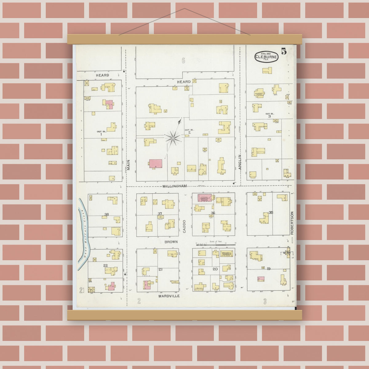 Old map wall art mockup — magnetic wood frame on brick wall — Sanborn Fire Insurance Map from Cleburne, Johnson County, Texas (1893), Sheet #0005